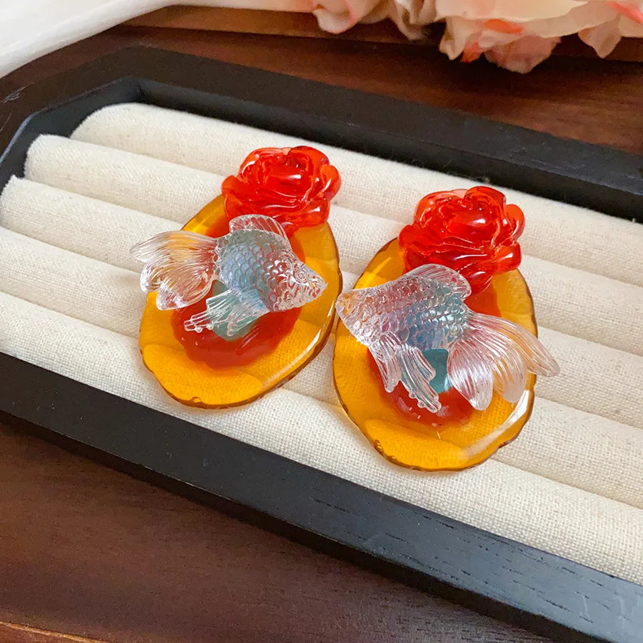 Daiiibabyyy  Resin Oval Koi Flower Earrings for Women New Chinese Retro Earrings 2025 Hot Trendy Drop Earring Luxury Designer Jewelry