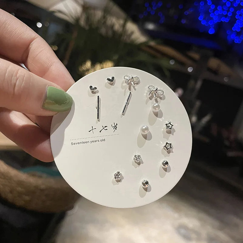 DAIIIBABYYY  -  Korean Fashion New Week Stud Earrings Set for Women Mini Sweet Pearl Heart Bow Rainbow Earring Luxury Jewelry Gift