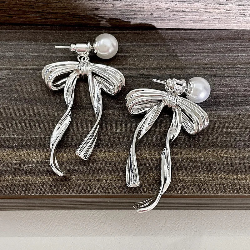 DAIIIBABYYY  -  New Arrival South Korea Light Luxury Tassel Long Pearl Bow Dangle Earrings For Women Fashion Sweet Metal Jewelry Gifts