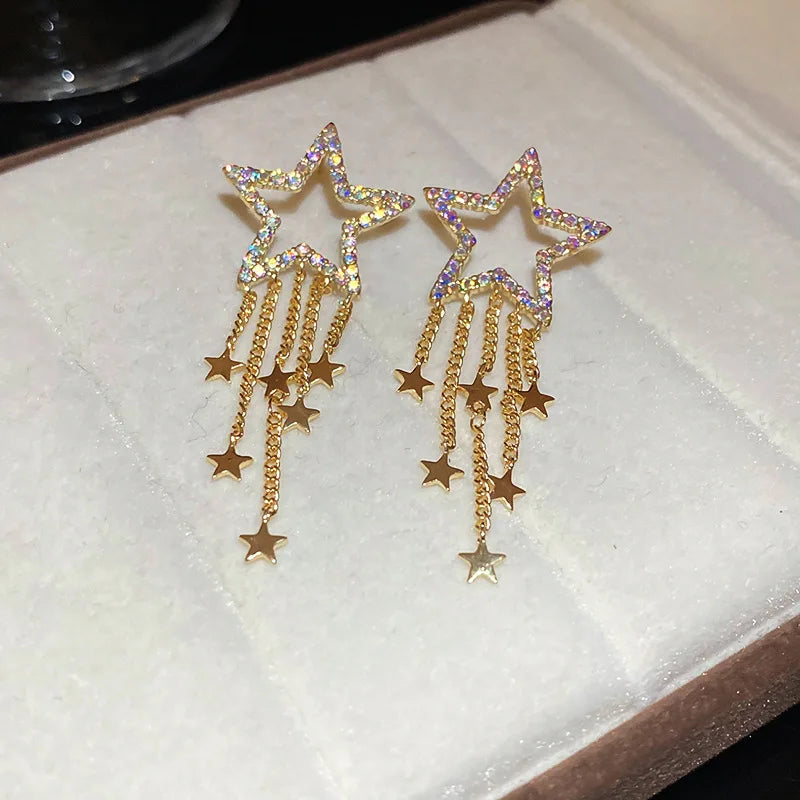 Daiiibabyyy  Gold Electroplated Colored Inlaid Rhinestone Star Tassel Earrings for Women Fashion Atmosphere Drop Earring Trendy Jewelry