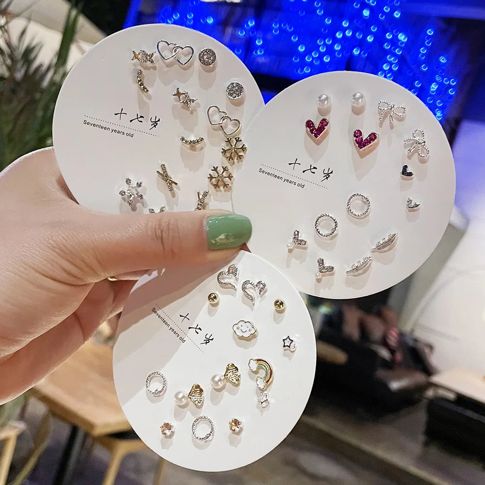 DAIIIBABYYY  -  Korean Fashion New Week Stud Earrings Set for Women Mini Sweet Pearl Heart Bow Rainbow Earring Luxury Jewelry Gift