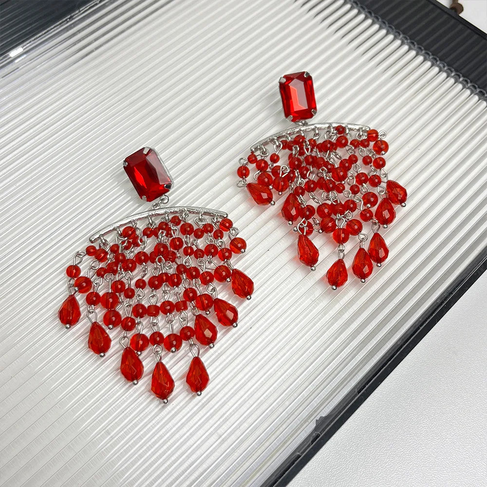 DAIIIBABYYY  -  Exaggerated red crystal tassel earrings