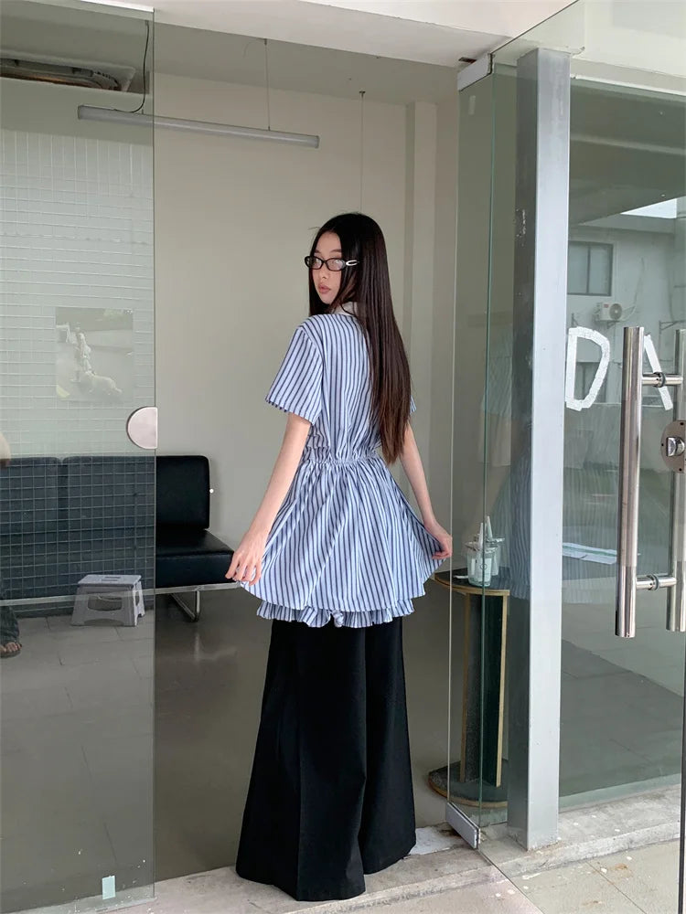 DAIIIBABYYY  -  Preppy Blue And White Striped Short Sleeve Dress Polo Collared Hollow Out Rings Mini Shirt Dress Women 2024 Summer
