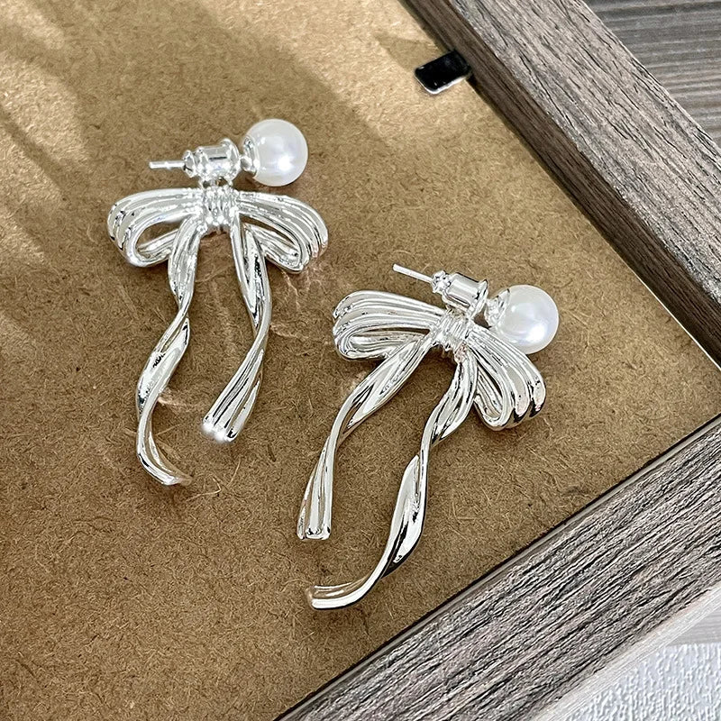 DAIIIBABYYY  -  New Arrival South Korea Light Luxury Tassel Long Pearl Bow Dangle Earrings For Women Fashion Sweet Metal Jewelry Gifts