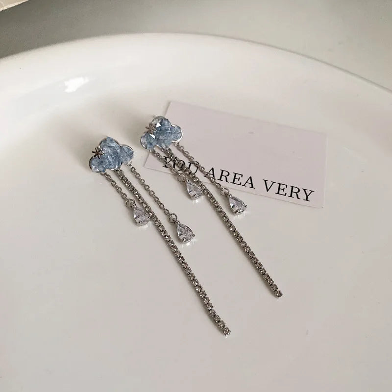 DAIIIBABYYY  -  Luxury Blue Gradient Crystal Butterfly Flower Pearl Earrings Flower Geometric Women Korean Fashion Kpop Tassel Earring