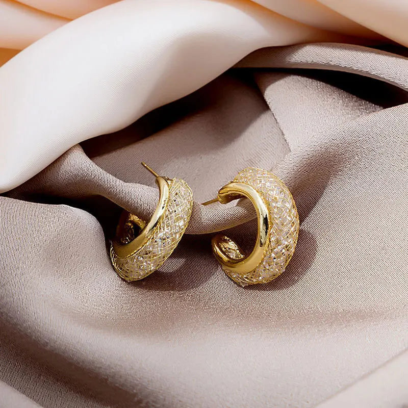 DAIIIBABYYY  -  Korean Gold Color Metal Mesh Crystal Hoop Earrings Women Fashion Jewelry Luxury Geometric Grid Big Circle Earings Femme