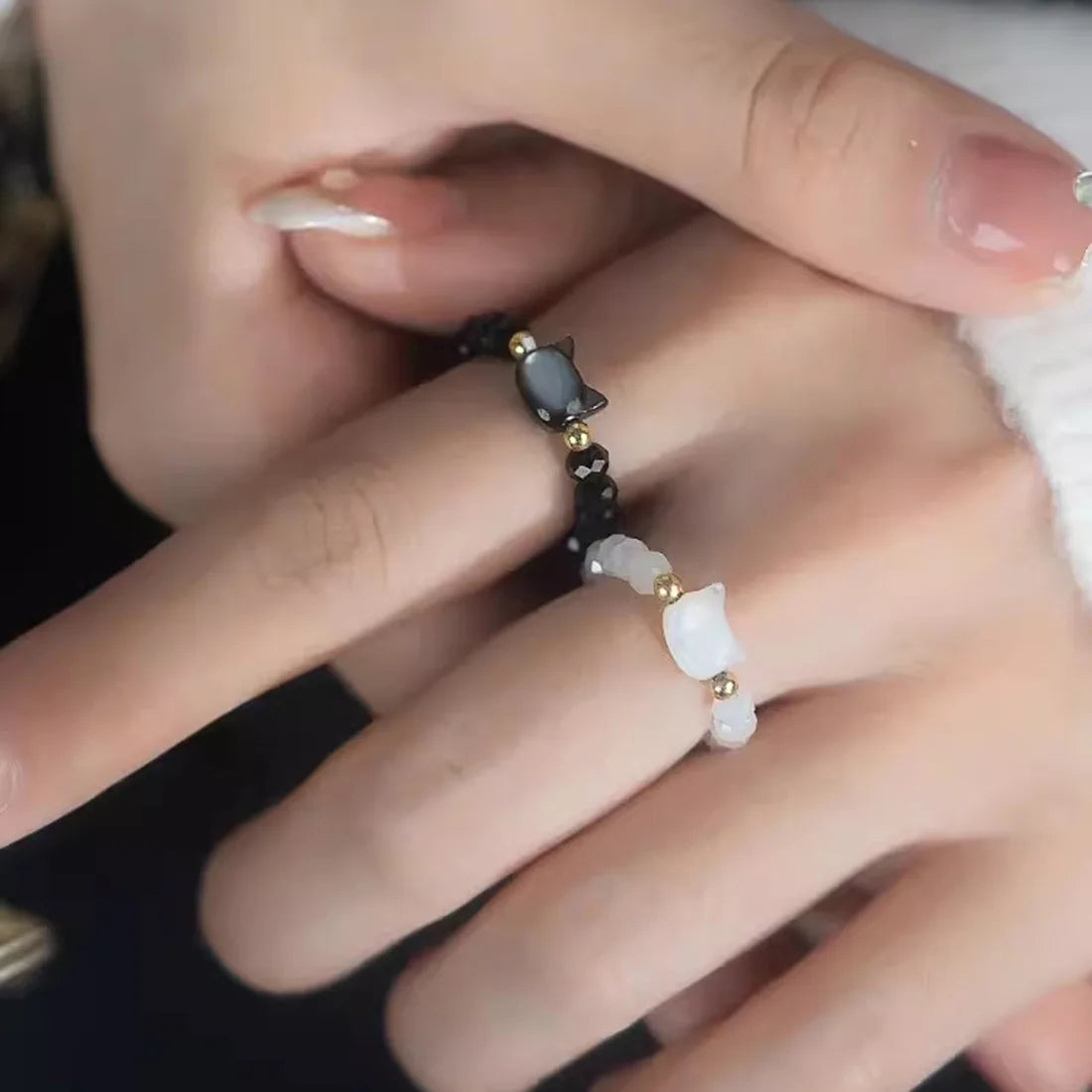 DAIIIBABYYY  -  Natural Moonstone Obsidian Rings Beads Minimalist Fidget Ring Women Handmade Cute Black White Cat Ring Party Accessories Jewelry