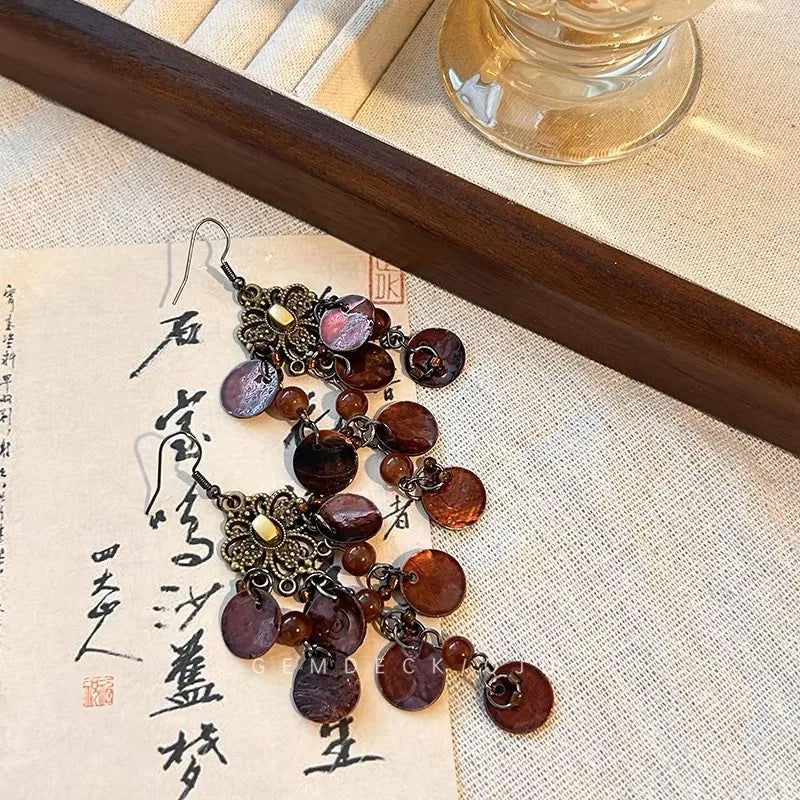 Daiiibabyyy  Boho Natural Shell Tassel Earring for Women Ethnic Gold Plated Flower Long Dangle Earrings Summer Fashion Jewelry Gift