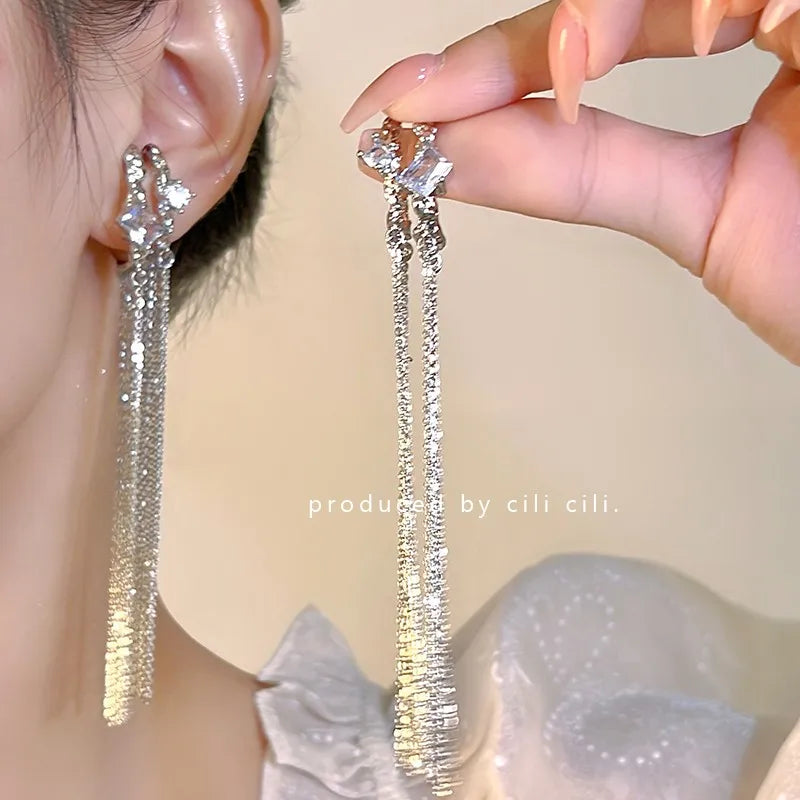DAIIIBABYYY  -  Women Fairy Korean Fashion Butterfly Star Bow-knot Ear Clip Earrings Rhinestone Long Pearl Tassel Drop Ear Cuff Jewelry