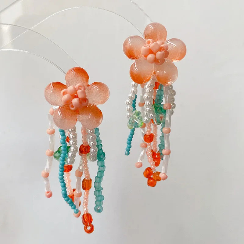 DAIIIBABYYY  -  Blue peach jade earrings Korean niche fresh and elegant flower beaded tassel earrings