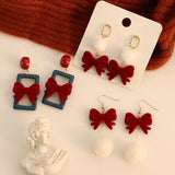 DAIIIBABYYY  -  Women New Year Christmas Wine Red Velvet Bow Earrings Korean Fashion Girls White Plush Ball Dangle Earring Jewelry Gift