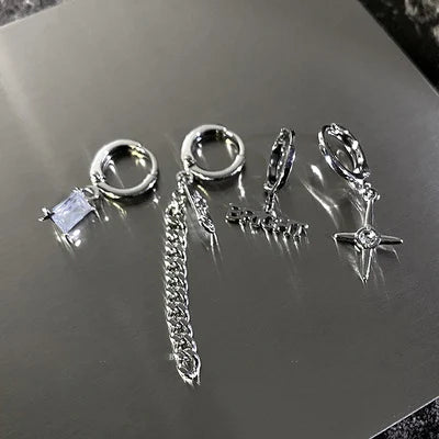 DAIIIBABYYY  -  6Pcs/set Women Silver Color Rhinestone Butterfly Stud Earrings Y2K Korean Fashion Punk Earring Stud Jewelry Sets Gift