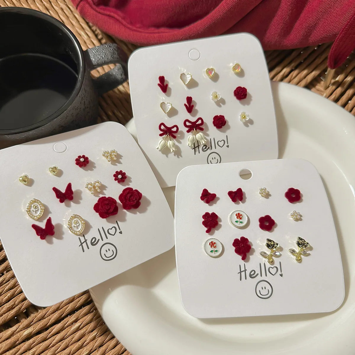 DAIIIBABYYY  -  Autumn Winter Wine Red Bow Flocked Fleece Stud Earrings Set Women Korean Fashion Heart Bow Floral Pearl Earring Jewelry