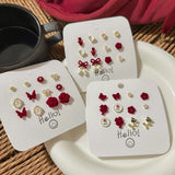 DAIIIBABYYY  -  Autumn Winter Wine Red Bow Flocked Fleece Stud Earrings Set Women Korean Fashion Heart Bow Floral Pearl Earring Jewelry