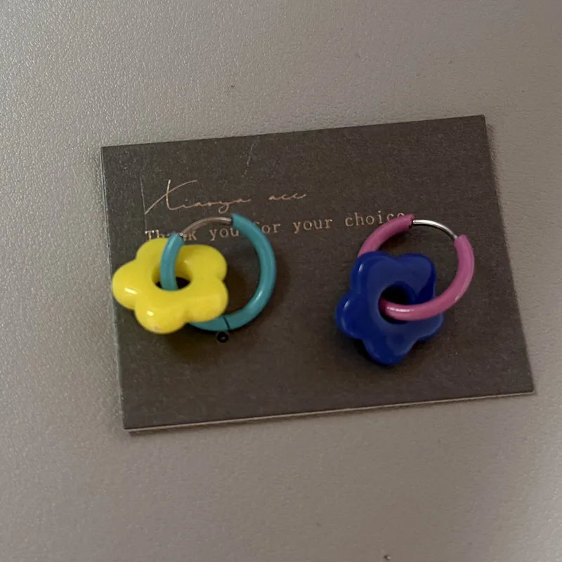 DAIIIBABYYY  -  Oil-dropping Round Glass Bead Flower Ear Buckle Fashion Versatile Dopamine Hoop Earring High-end Earrings for Women