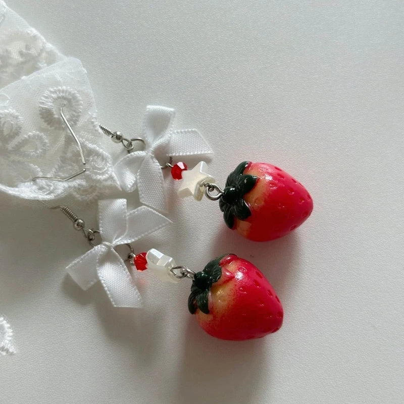 DAIIIBABYYY  -  Elegant Bowknot Strawberry Ear Rings Sweet and Delicate Fruit Eardrops Gift Women Ornament for Daily Wear