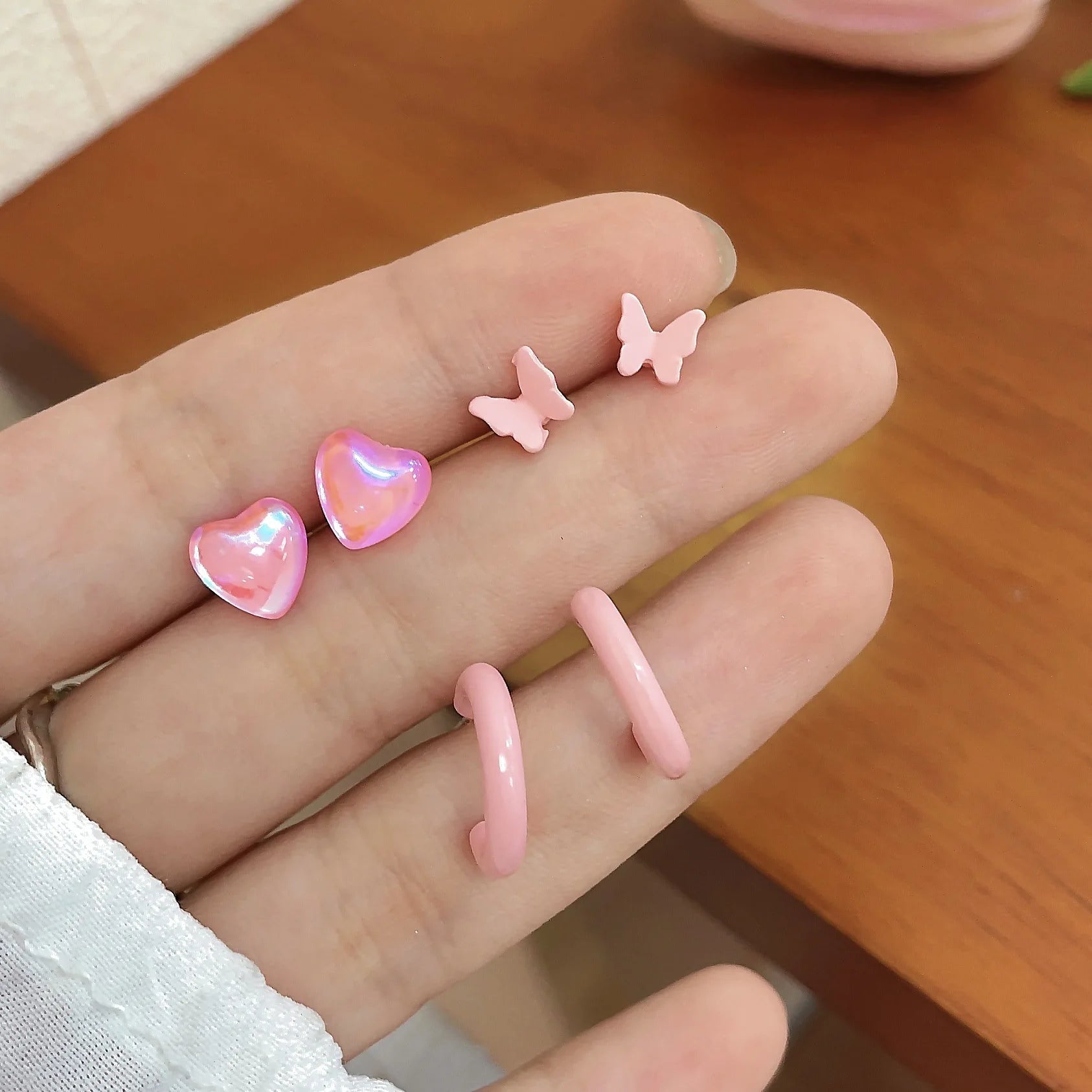 DAIIIBABYYY  -  Pink Glass Heart Butterfly Stud Earrings Set White Flower Korean Fashion Women Sweet Earring Jewelry Piercing brincos