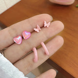 DAIIIBABYYY  -  Pink Glass Heart Butterfly Stud Earrings Set White Flower Korean Fashion Women Sweet Earring Jewelry Piercing brincos