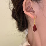 DAIIIBABYYY  -  Red oil drop earrings niche retro high-end temperament long burgundy earrings