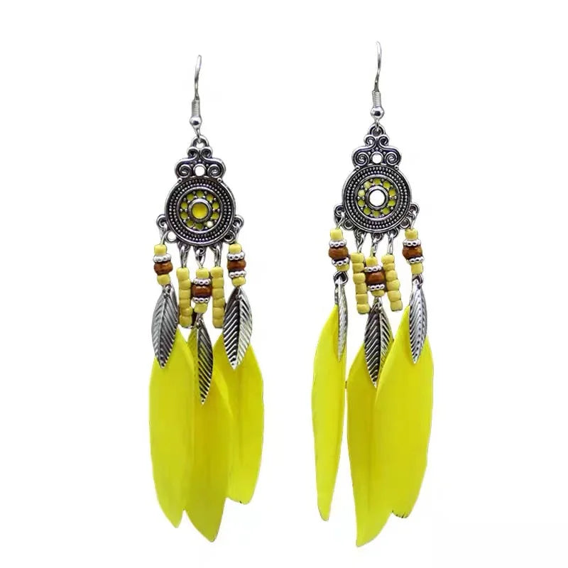Daiiibabyyy  Bohemian Ethnic Feather Drop Earrings For Women Elegant Wood Beads Leaf Long Tassels Dangle Earring Girls Fashion Party Jewelry