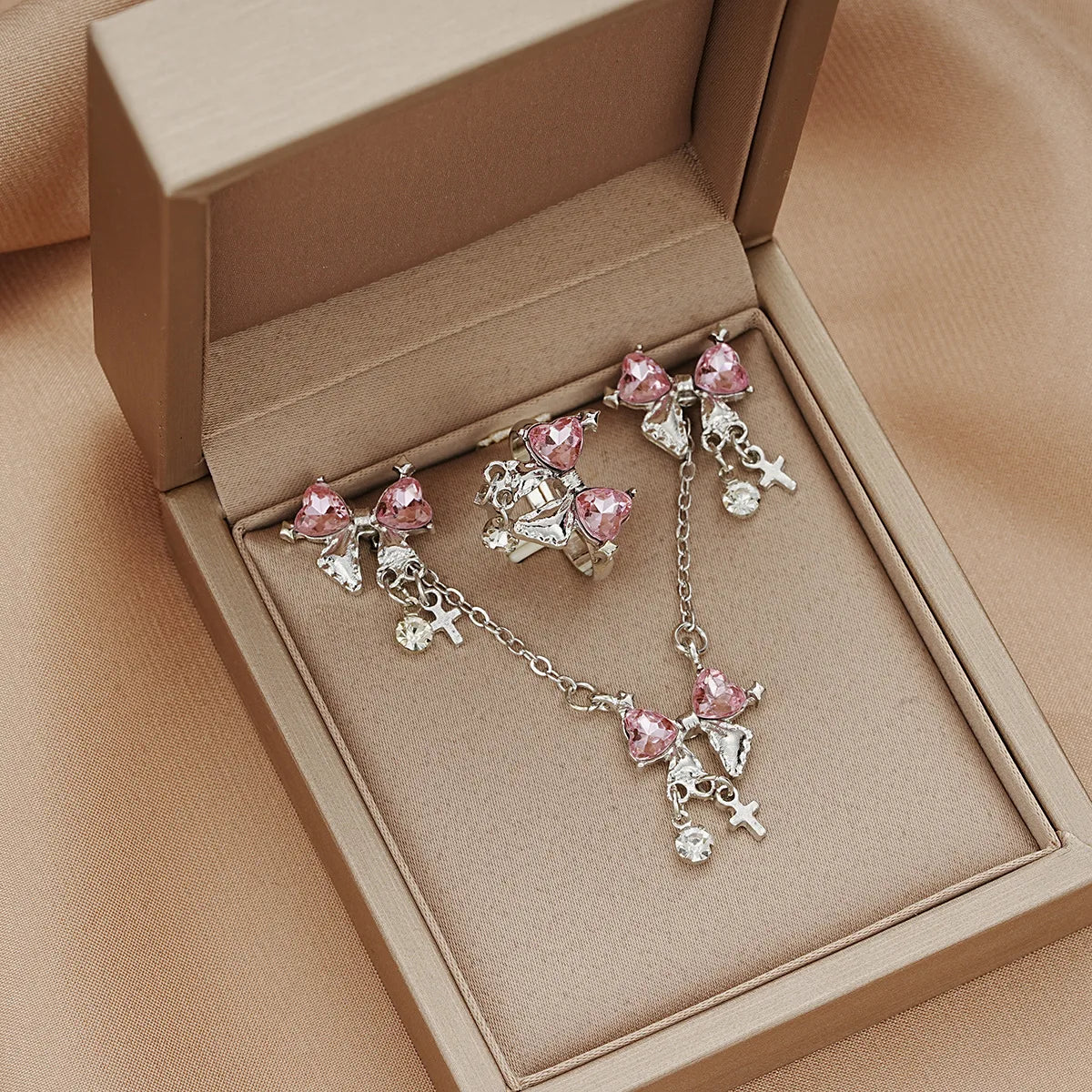 DAIIIBABYYY  -  2024 Fashion Sweet Zircon Bow Necklace Earrings Rings Set Three Pieces Silver Color Elegent Luxury Y2K Jewelry Set Party Gifts 