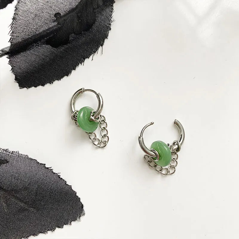 DAIIIBABYYY  -  New Titanium Steel Imitation Hetian Jade Removable Chain Earrings Women's Fashion Elegant Accessories Club Party Accessories