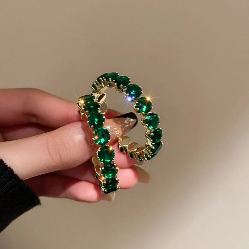 Daiiibabyyy  Green Zircon C-shaped Earrings for Female Fashion Exaggerated Hoop Earrings Inlaid Rhinestone Women's Jewelry for Party