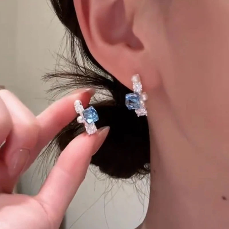 Daiiibabyyy  Blue Crystal Pearl Dangle Earrings for Women Luxury Delicate Pink C-Shaped Earrings Romantic Casual Versatile Jewelry