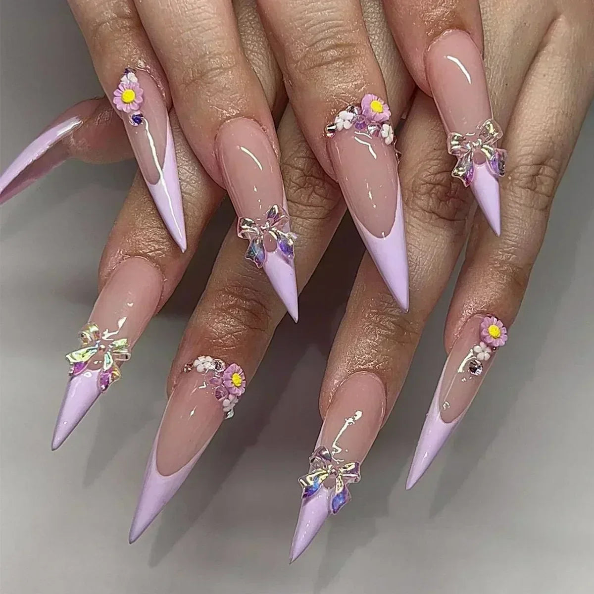 Daiiibabyyy  White Glitter Powder Bowknot Long Pointed Fake Nails Art Ballet False Nail Cow Print Pearl Rhinestone Pink Almond Press on Nails
