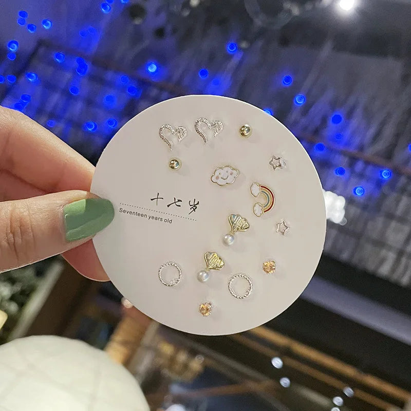 DAIIIBABYYY  -  Korean Fashion New Week Stud Earrings Set for Women Mini Sweet Pearl Heart Bow Rainbow Earring Luxury Jewelry Gift