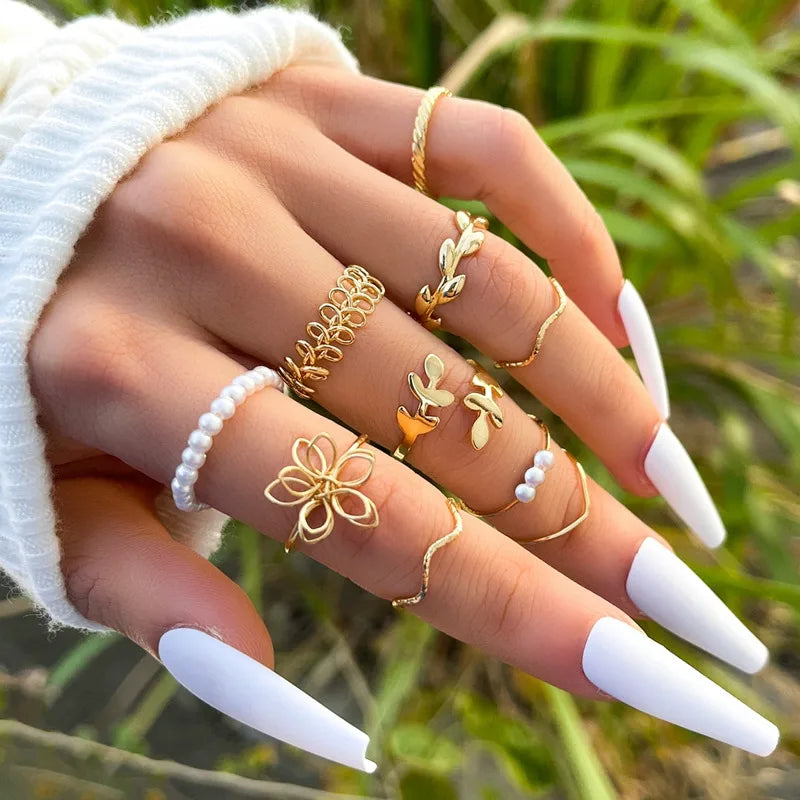 DAIIIBABYYY  -  Bohemian Gold Color Butterfly Rings Set For Women Fashion Shiny Crystal Geometric Flower Knuckle Finger Ring Jewelry Adjustable