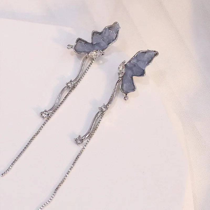 DAIIIBABYYY  -  Sweet Crystal Stone Butterfly Earrings High Sense Celebrity Style Long Tassels Show Face Thin Crystal Earrings Women's Ornament