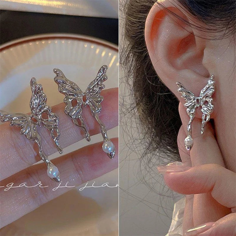 DAIIIBABYYY  -   Kpop Punk Silver Color Asymmetric Butterfly Pearl Stud Earrings Women Korean Fashion INS Cute Heart Geometric Earring