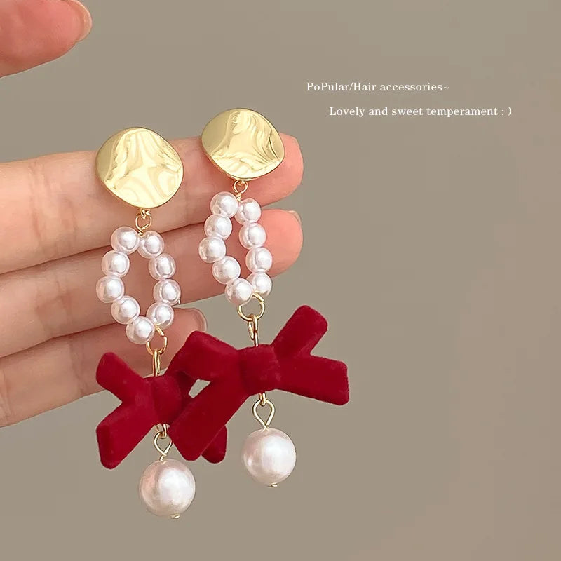 DAIIIBABYYY  -  Women New Year Christmas Wine Red Velvet Bow Earrings Korean Fashion Girls White Plush Ball Dangle Earring Jewelry Gift