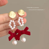 DAIIIBABYYY  -  Women New Year Christmas Wine Red Velvet Bow Earrings Korean Fashion Girls White Plush Ball Dangle Earring Jewelry Gift