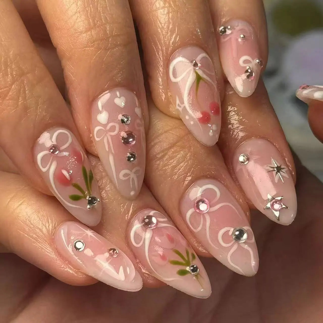 Daiiibabyyy  24pcs Wearable Nails Sets Press on Bow Rhinestone Design Almond Fake Nails Tips Flower Pink Long Nail Art Finished False Nail