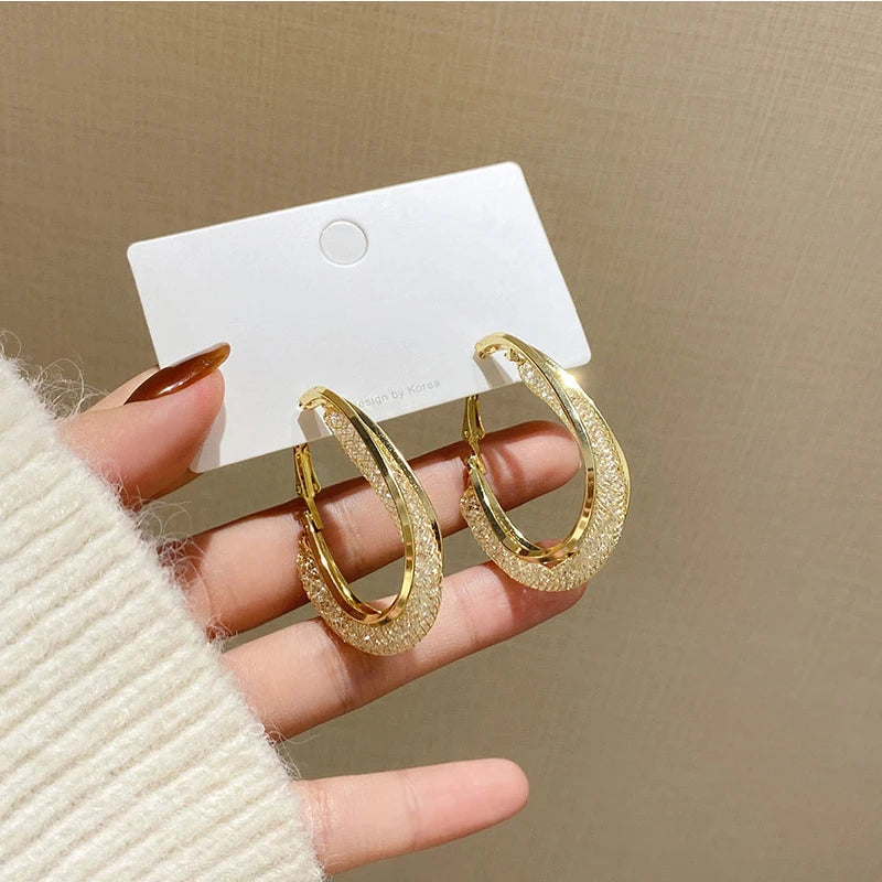 DAIIIBABYYY  -  Korean Gold Color Metal Mesh Crystal Hoop Earrings Women Fashion Jewelry Luxury Geometric Grid Big Circle Earings Femme
