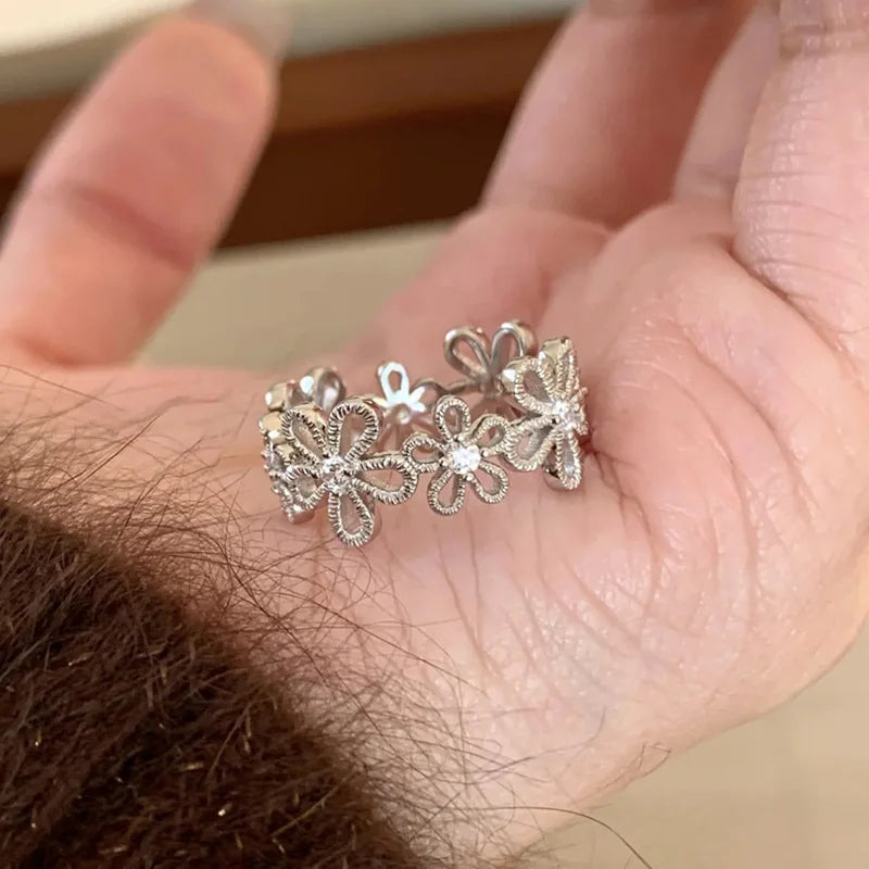 DAIIIBABYYY  -  Lace Flower Zircon Rings For Women Girls Simple Trendy Gentle Exquisite Creative Elegant Sweet Anniversary Jewelry Gifts