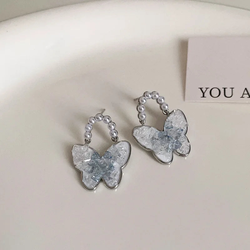 DAIIIBABYYY  -  Luxury Blue Gradient Crystal Butterfly Flower Pearl Earrings Flower Geometric Women Korean Fashion Kpop Tassel Earring