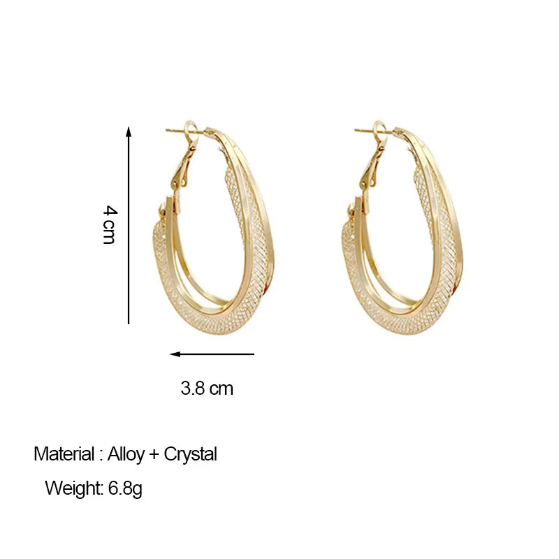 DAIIIBABYYY  -  Korean Gold Color Metal Mesh Crystal Hoop Earrings Women Fashion Jewelry Luxury Geometric Grid Big Circle Earings Femme