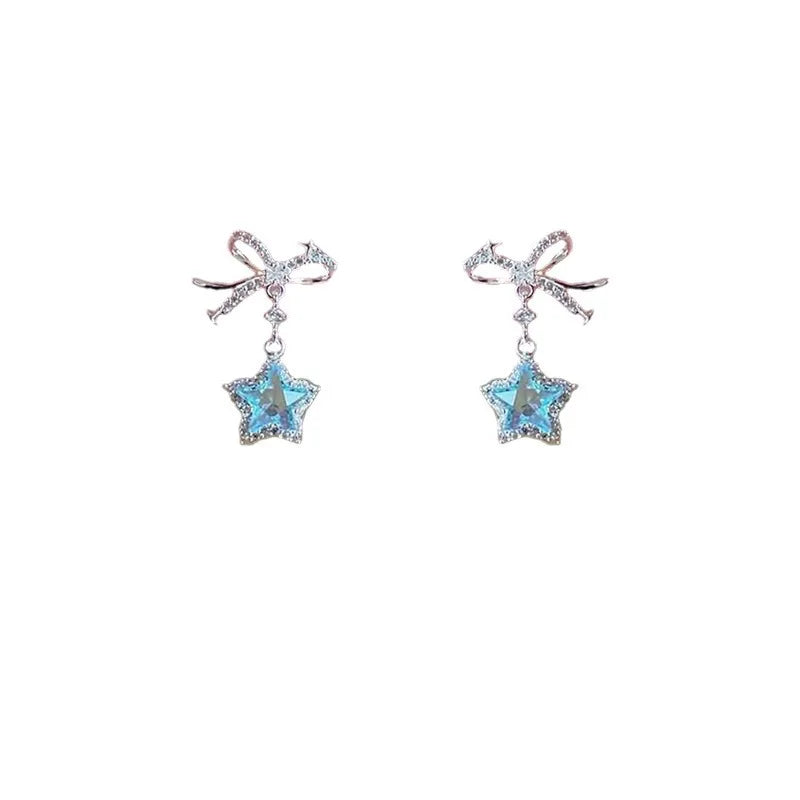 DAIIIBABYYY  -  Korean Fashion Blue Zircon Star Stud Earrings for Women Creative Shiny Rhinestone Bowknot Earrings Sweet Girls Jewelry Gifts