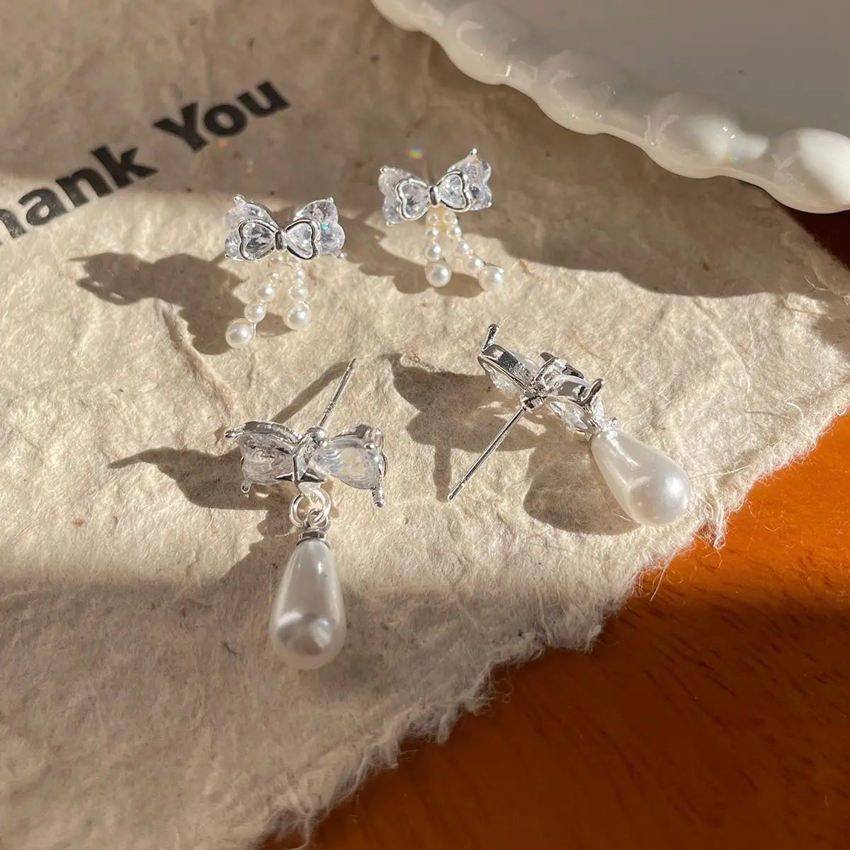 DAIIIBABYYY  -  Girls White Zircon Bow-knot Pearl Drop Earrings for Women Korean Fashion Sweet Cute Bow Stud Earring Luxury Jewelry Gift