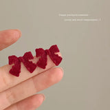 DAIIIBABYYY  -  Autumn Winter Wine Red Bow Flocked Fleece Stud Earrings Set Women Korean Fashion Heart Bow Floral Pearl Earring Jewelry