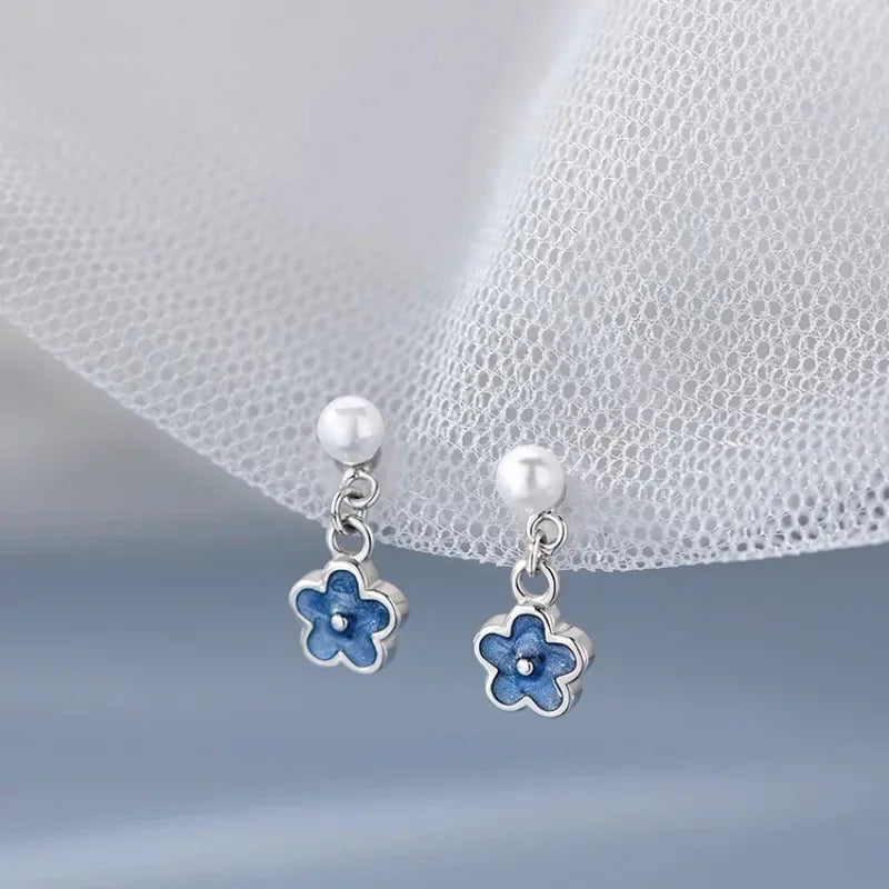 Daiiibabyyy  French Delicate Enamel Blue Small Flower Imitation Pearl Dangle Earrings for Women Elegant Fashion Jewelry Accessories