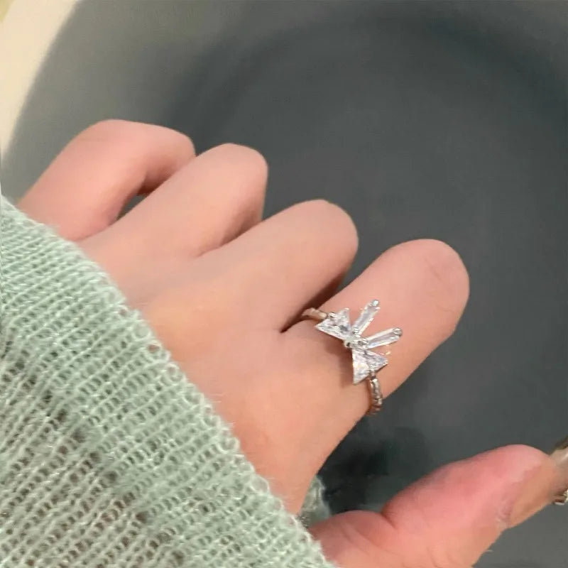 DAIIIBABYYY  -  Sweet Fashion Zircon Bowknot Rings for Women Girls Y2K Crystal Silver Color Adjustable Opening Ring Wedding Party Jewelry Gifts