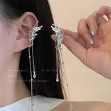 DAIIIBABYYY  -  Women Fairy Korean Fashion Butterfly Star Bow-knot Ear Clip Earrings Rhinestone Long Pearl Tassel Drop Ear Cuff Jewelry