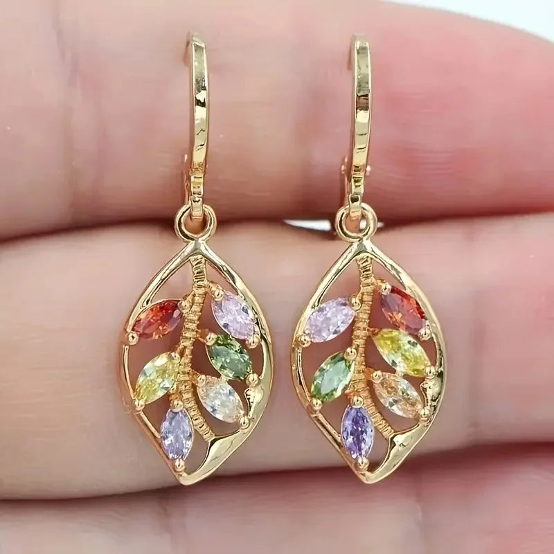 DAIIIBABYYY  -  Fashion Sparkling Colorful Cubic Zirconia Pendant Earrings Multicolor Stone Leaves Rose Gold Charming Pendant Earrings Jewelry