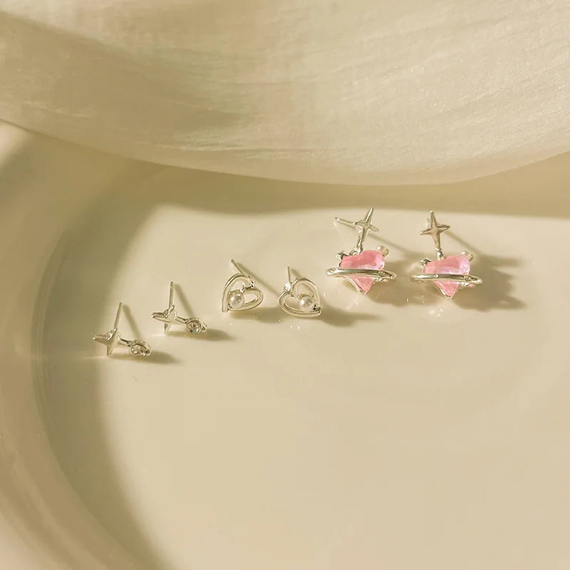 DAIIIBABYYY  -  Sweet Pink y2k Star Heart Pendant Stud Earrings Set for Women Korean Fashion Shiny Rhinestone Pearl Earring Jewelry