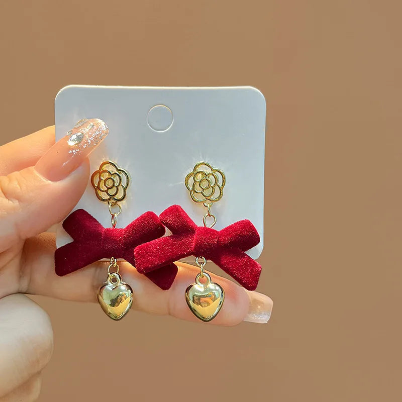 DAIIIBABYYY  -  Women New Year Christmas Wine Red Velvet Bow Earrings Korean Fashion Girls White Plush Ball Dangle Earring Jewelry Gift