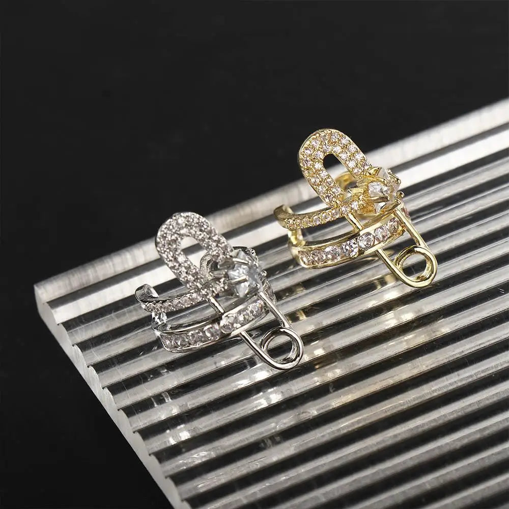DAIIIBABYYY  -  European And American Style Ring Earrings Exaggerated Micro-Inlaid Zircon Ear Clip Open Ring Pin Design Double Layer Jewelry